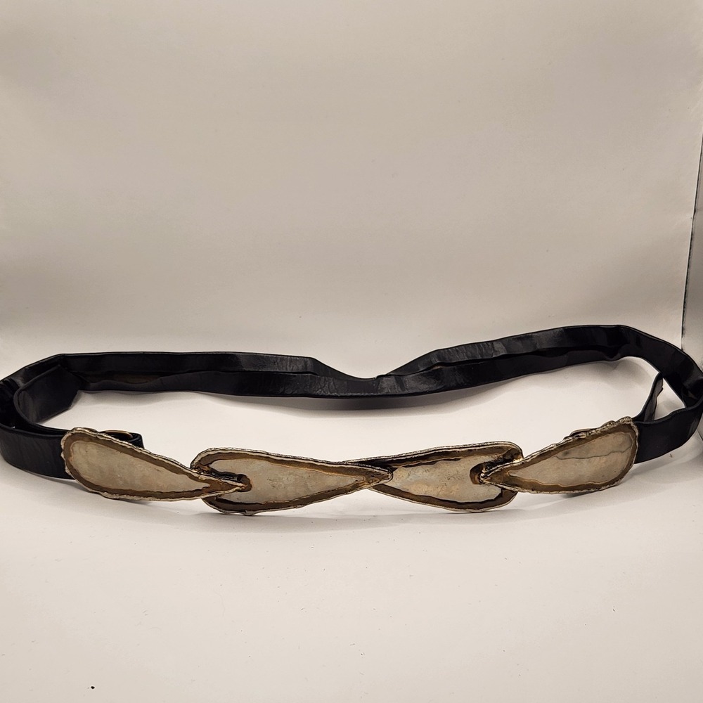 Bonnie Boynton Signed Vtg Brutalist Statement Belt Black Leather Artisan Metal